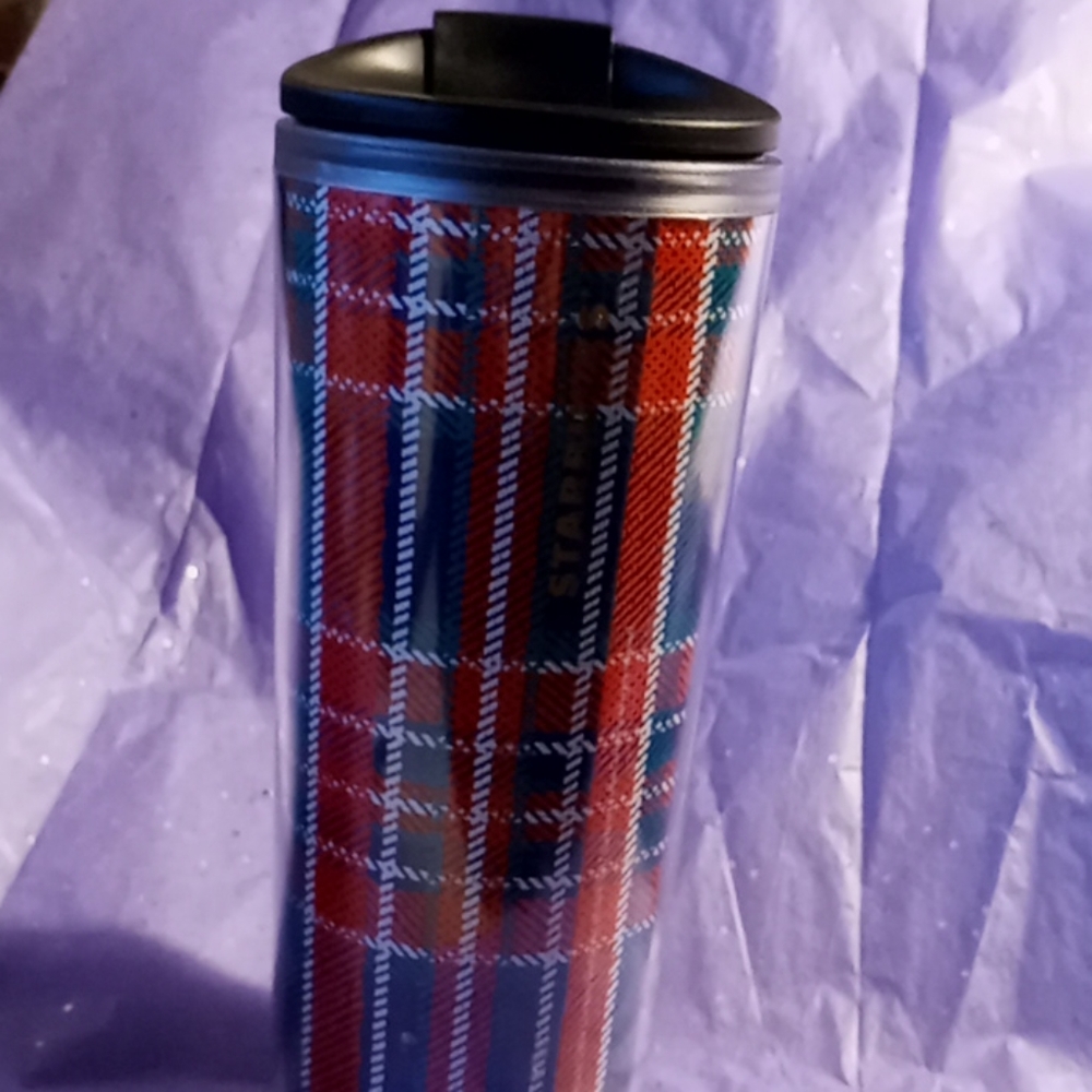 16 oz Starbucks travel mug in plaid